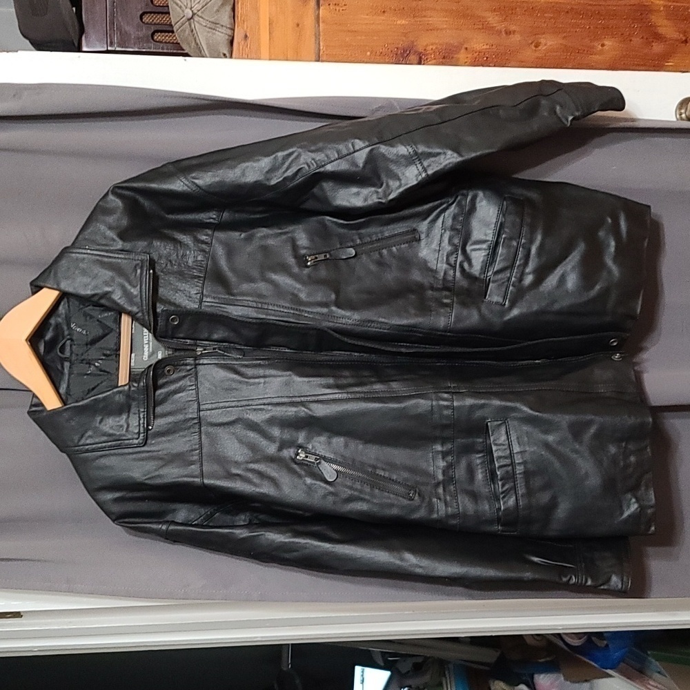 VTG Gianni Velente Mens Black Leather Coat Italy Zips Pockets Drawstring XL READ